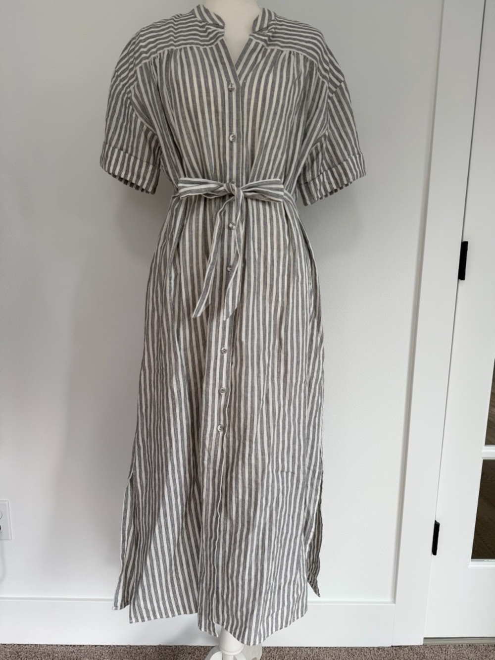 FRAME Button Front Linen Striped Midi Dress Quiet Luxury Coastal Chic Size Small - Picture 5 of 11